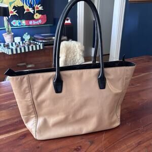 Cole Haan Tan And Black Large Leather Tote Bag with Zip Pockets
